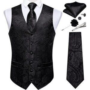 Mens Vest and Tie Set - Black Paisley